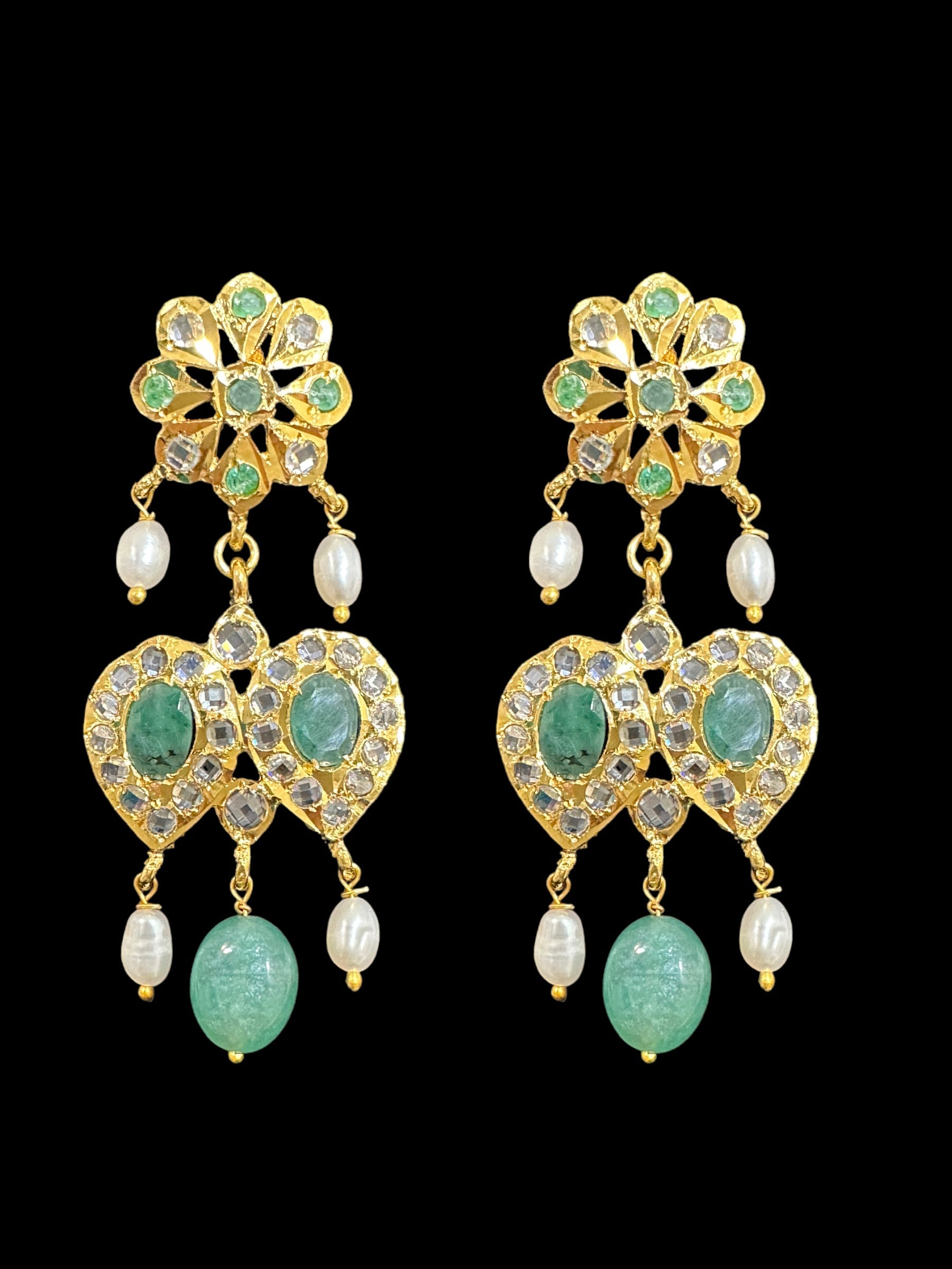 DLN35 Gold plated long necklace with emeralds and pearls ( SHIPS IN 4 WEEKS )