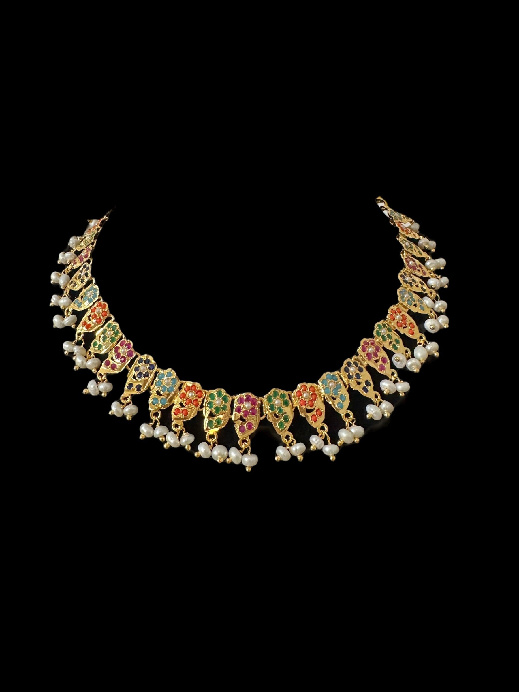 DNS195  Navratan jadau necklace set in fresh water pearls  ( READY TO SHIP )