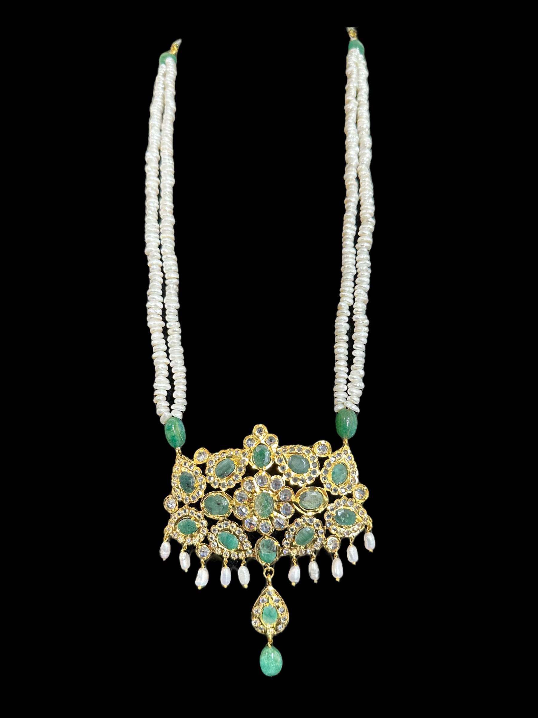 DLN35 Gold plated long necklace with emeralds and pearls ( SHIPS IN 4 WEEKS )