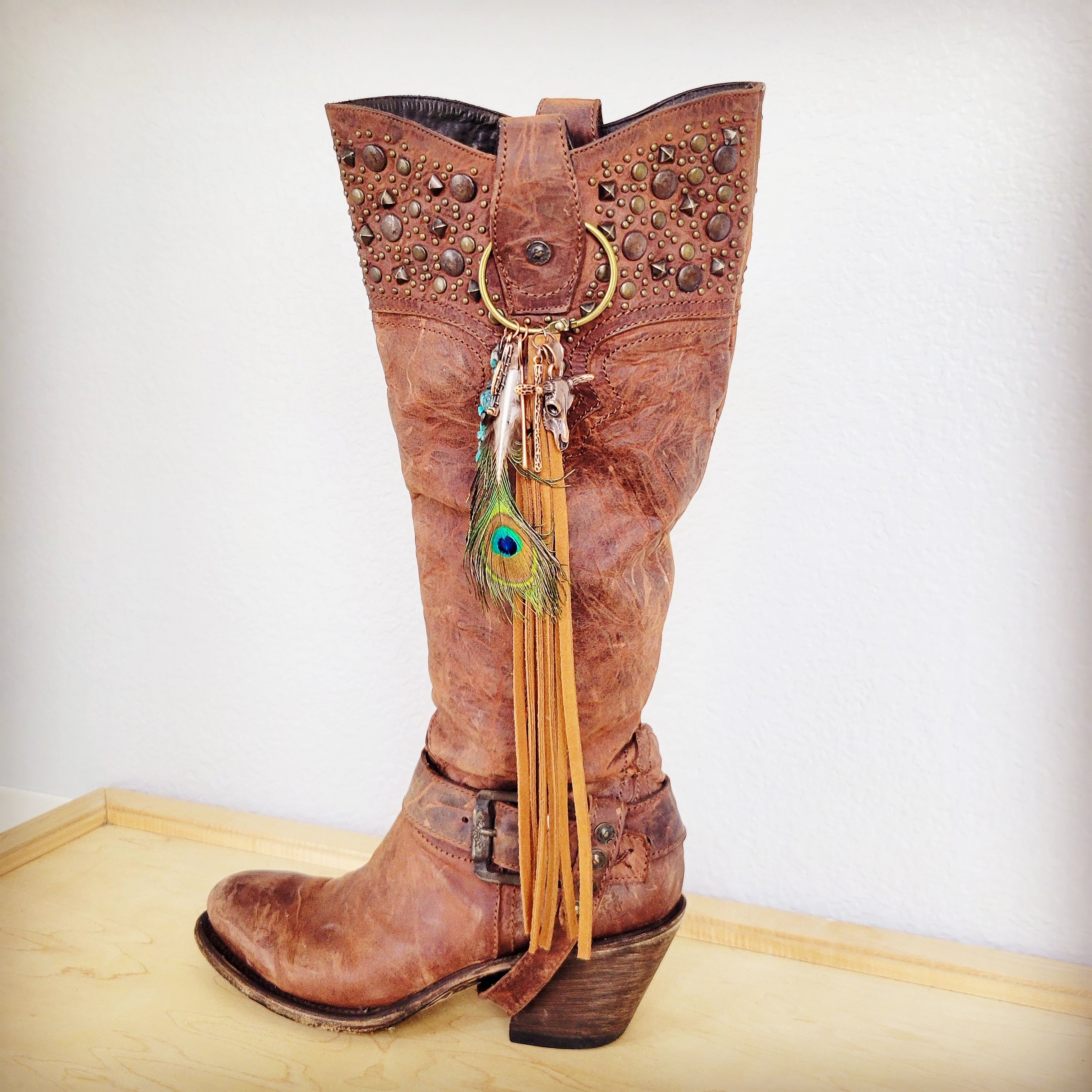 Boho Western Leather Boot Bling Charm Peacock & Turquoise 500h