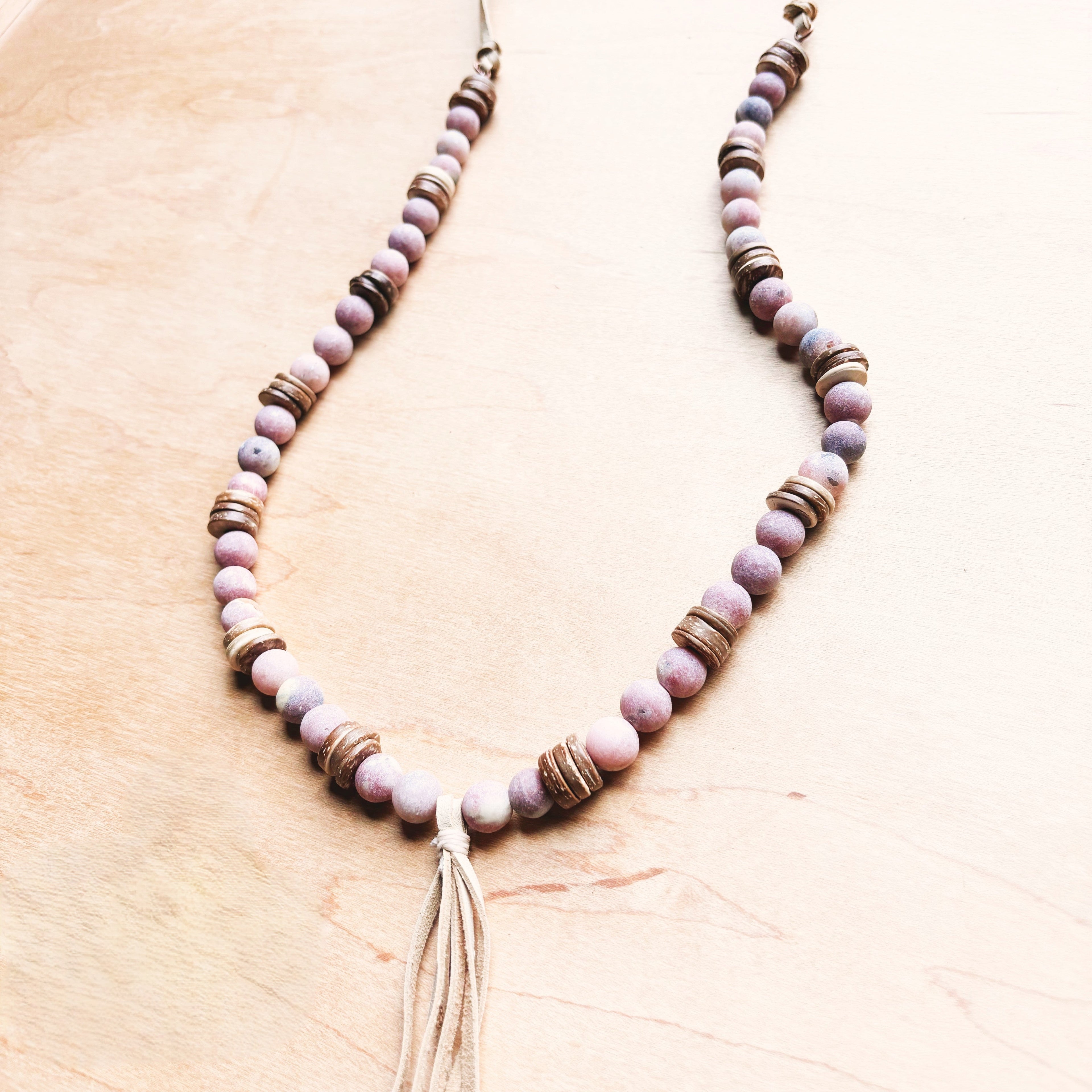 **Frosted Marble Jasper Necklace w/ Wood Beads & Leather Tassel 258b