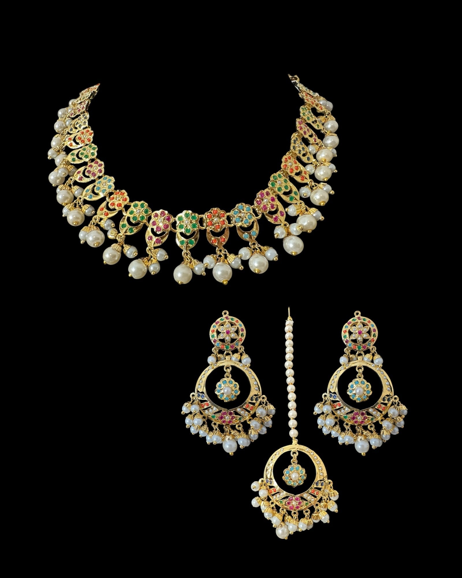DNS194A Navratan jadau necklace set with tika ( READY TO SHIP )