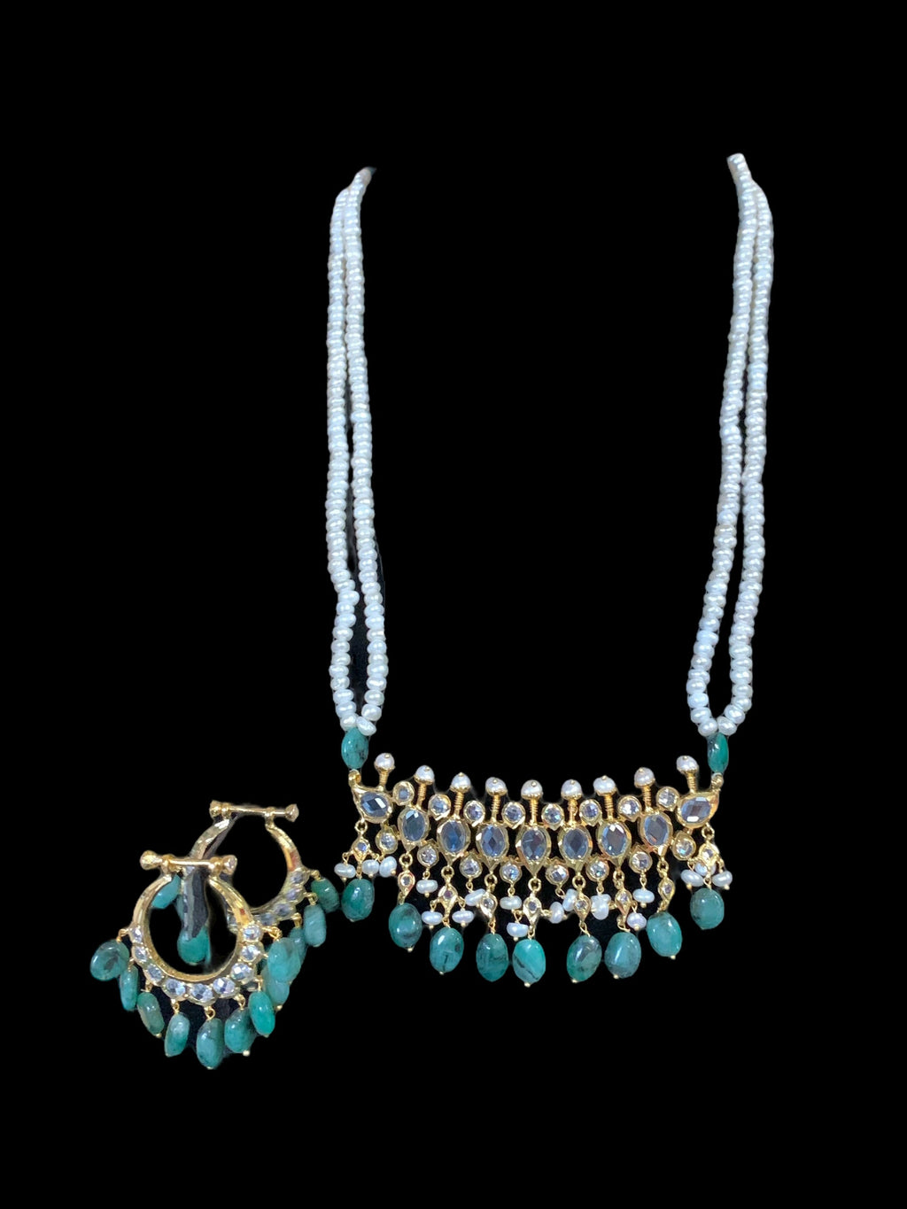 PS301 Tirmani in fresh water pearls and emerald beads ( SHIPS IN 1 WEEK )