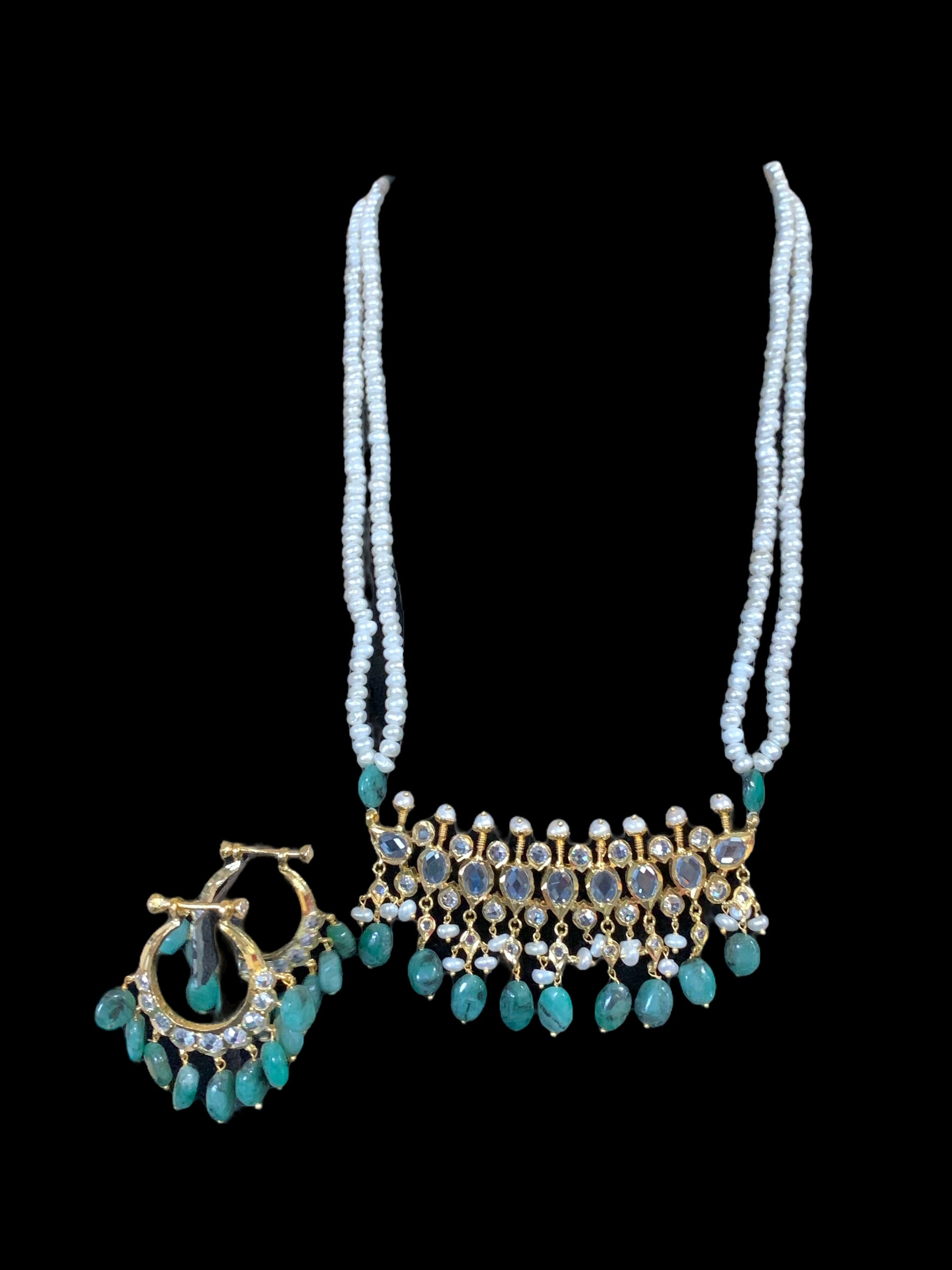 PS301 Tirmani in fresh water pearls and emerald beads ( SHIPS IN 1 WEEK )