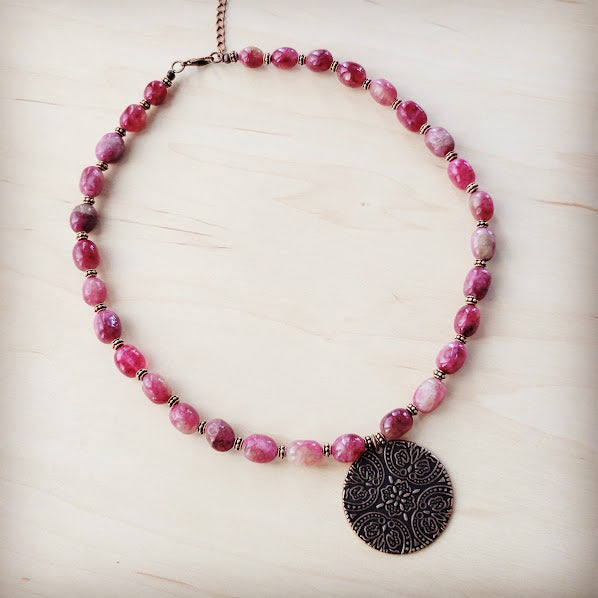 Natural Pink Jade Beaded Collar Necklace w/ Scroll Pendant 261L