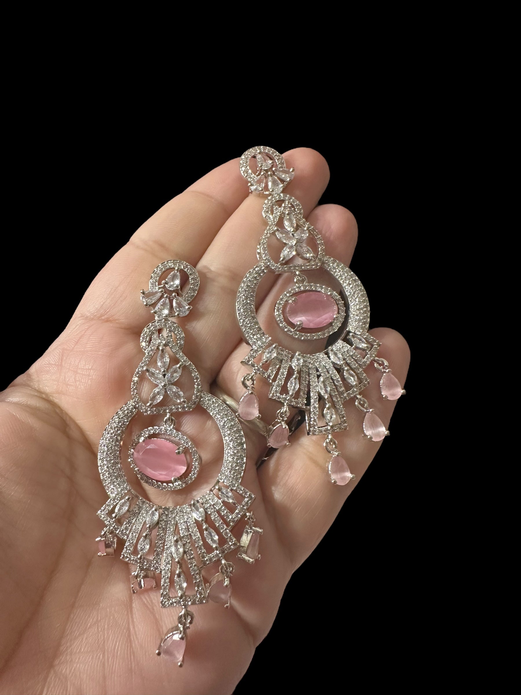 Cz earrings -  silver plated pink stones ( READY TO SHIP )