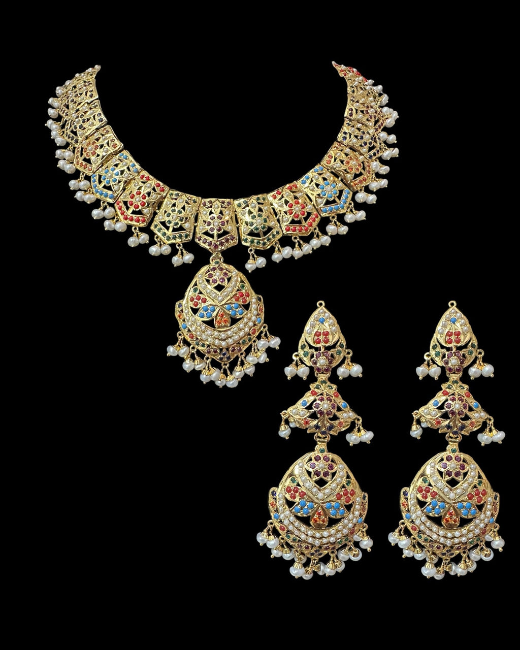 Navratan / Multicolored Jadau Necklace Set in Gold Plated Silver ( SHIPS IN 5 WEEKS  )