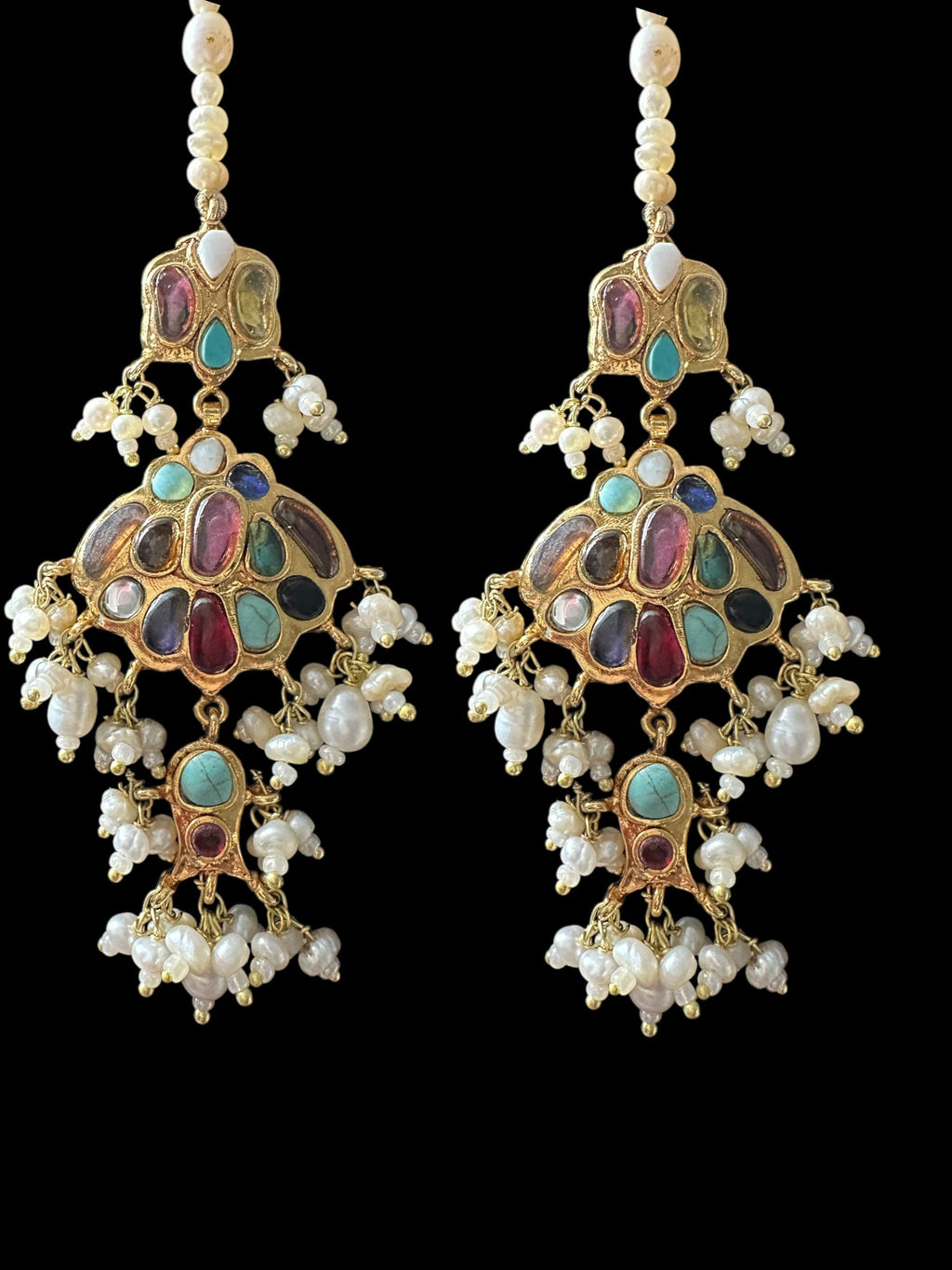 C547 Navratan bridal choker earrings set in fresh water pearls ( READY TO SHIP )