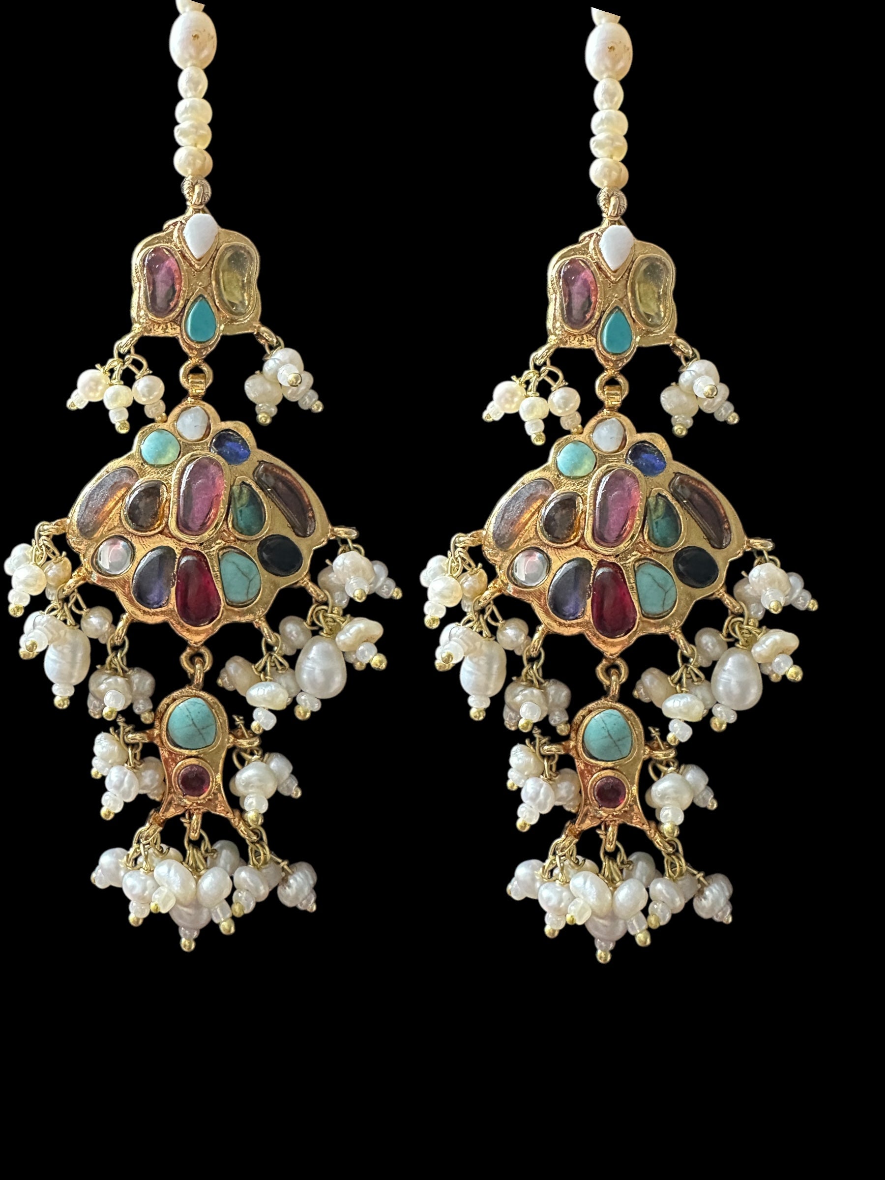 C547 Navratan bridal choker earrings set in fresh water pearls ( READY TO SHIP )