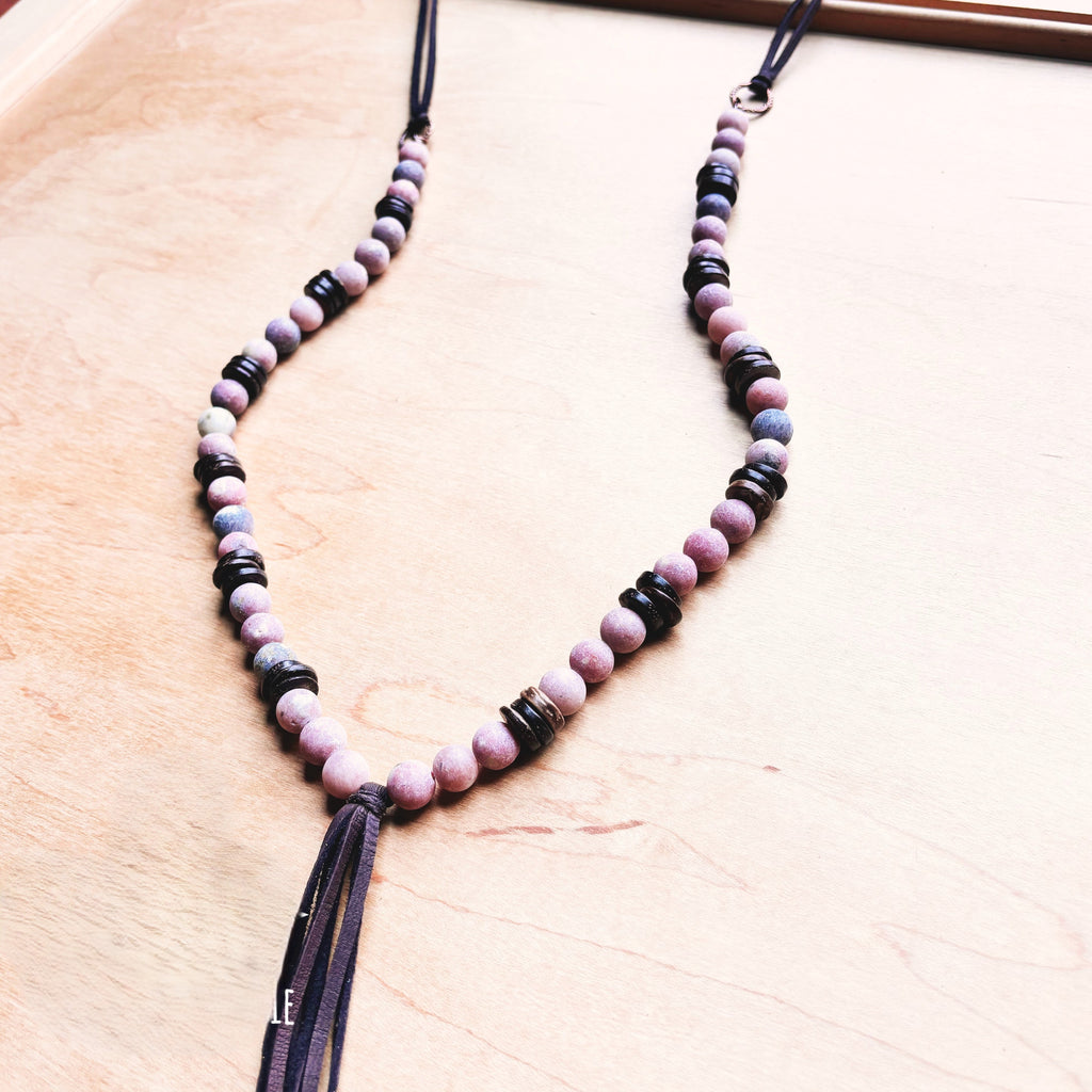 **Frosted Marble Jasper Necklace w/ Wood Beads & Leather Tassel 258b