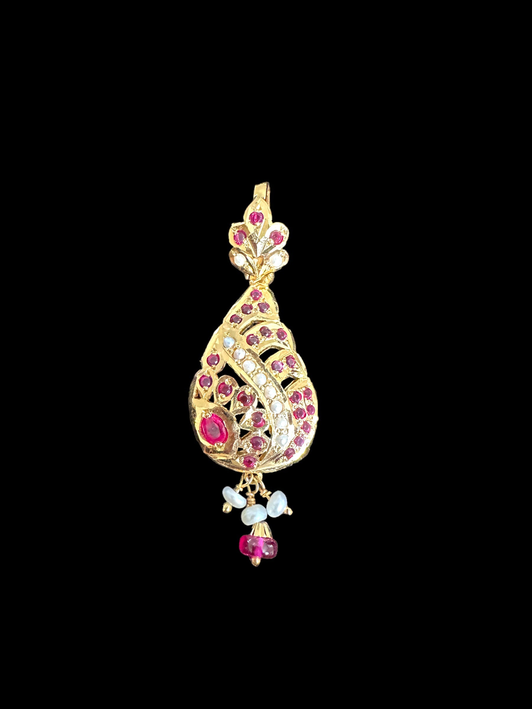 Gold-Plated Jadau Silver Pendant Set in Ruby & Pearl 
 ( READY TO SHIP )
