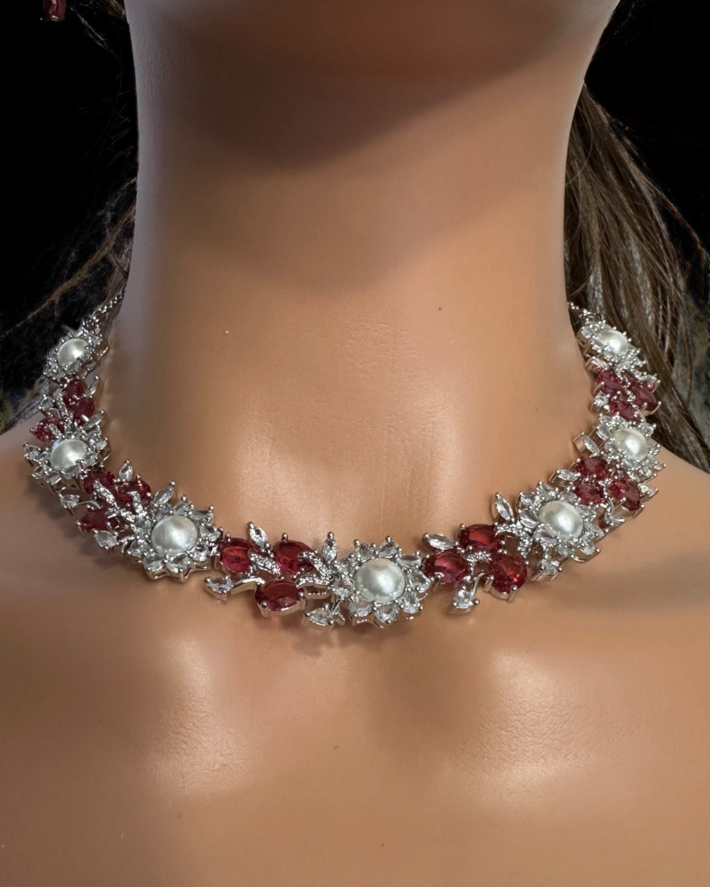 DNS137R silver plated necklace set - Ruby ( READY TO SHIP )