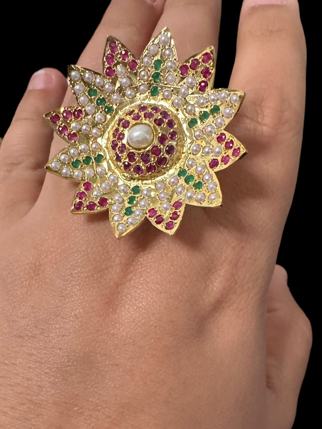 DJR112 Jadau ring -  ruby emerald pearl    ( READY TO SHIP )