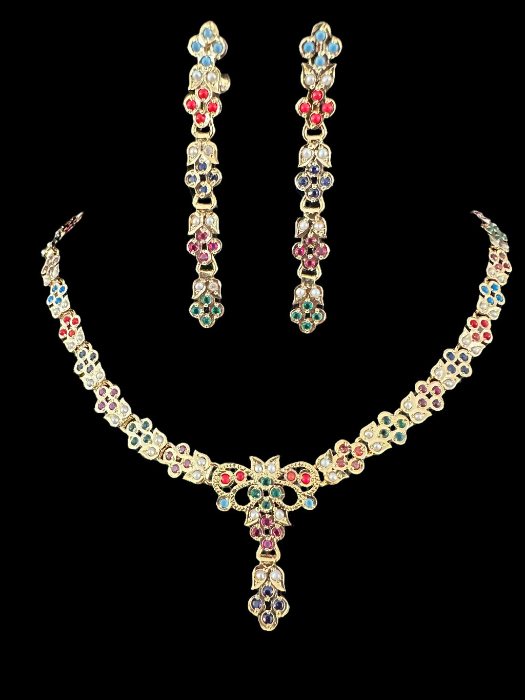 Navratan necklace set in gold plated silver ( READY TO SHIP )