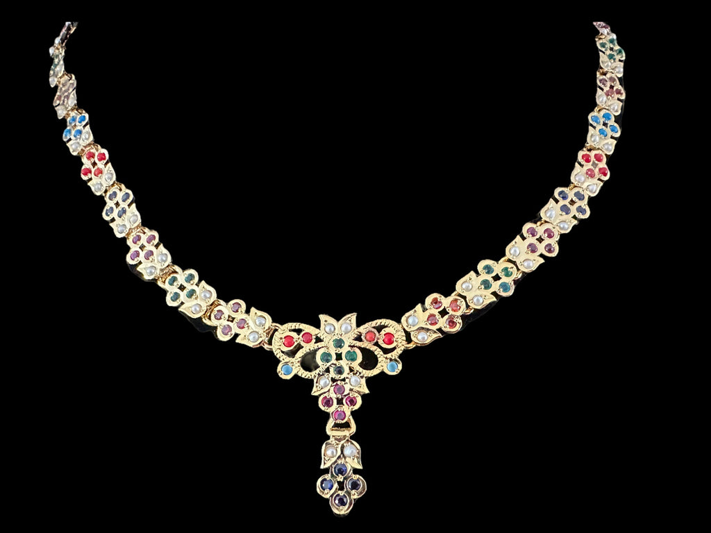 Navratan necklace set in gold plated silver ( READY TO SHIP )