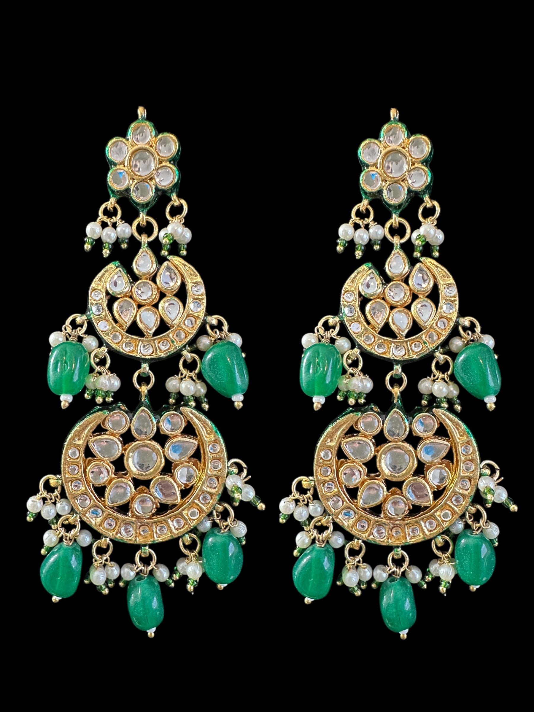 Irina earrings tika set in kundan with green beads ( READY TO SHIP )