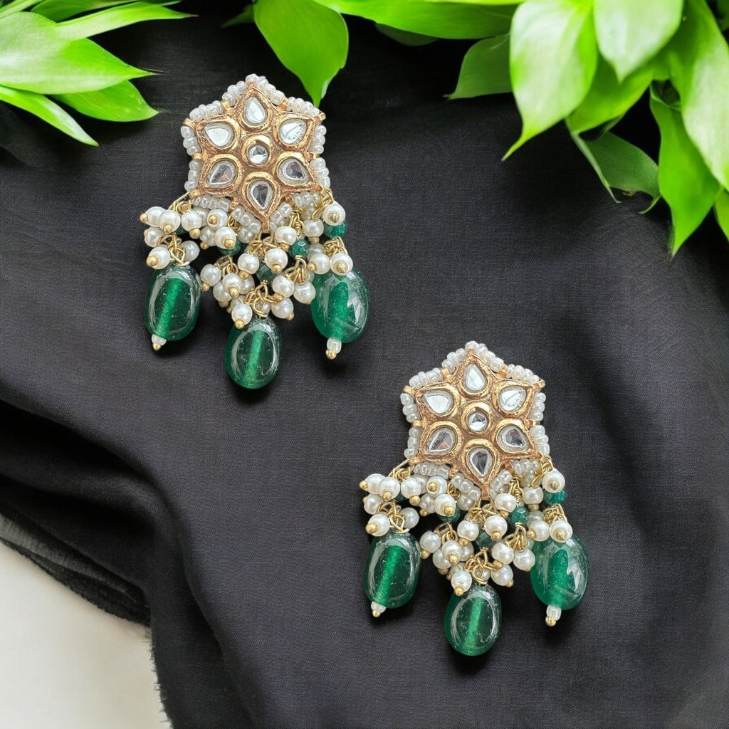 ET568 kundan tops / studs  - green beads ( READY TO SHIP )