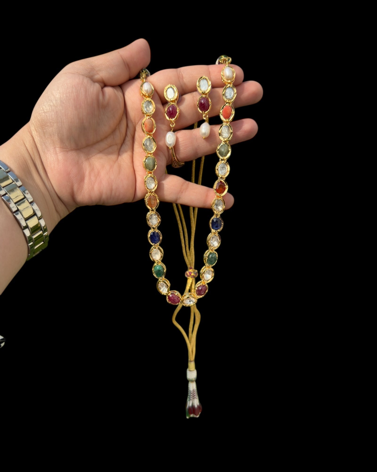 DNS205 Bhanu navratan necklace with earrings in real gemstones ( READY TO SHIP )