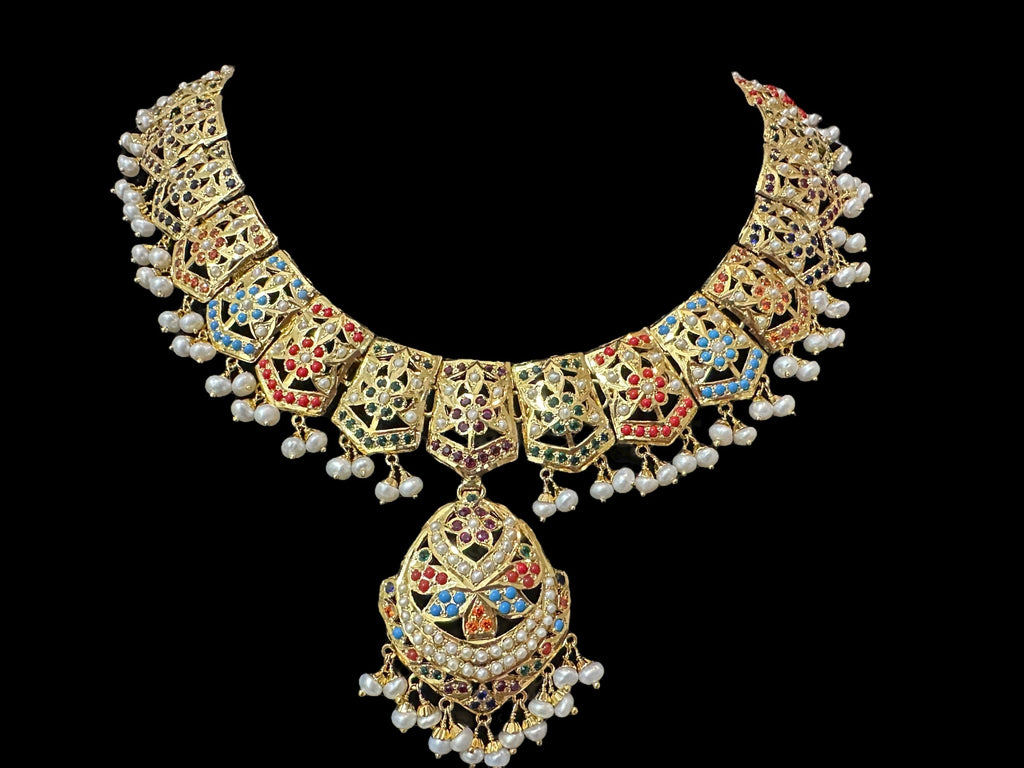 Navratan / Multicolored Jadau Necklace Set in Gold Plated Silver ( SHIPS IN 5 WEEKS  )