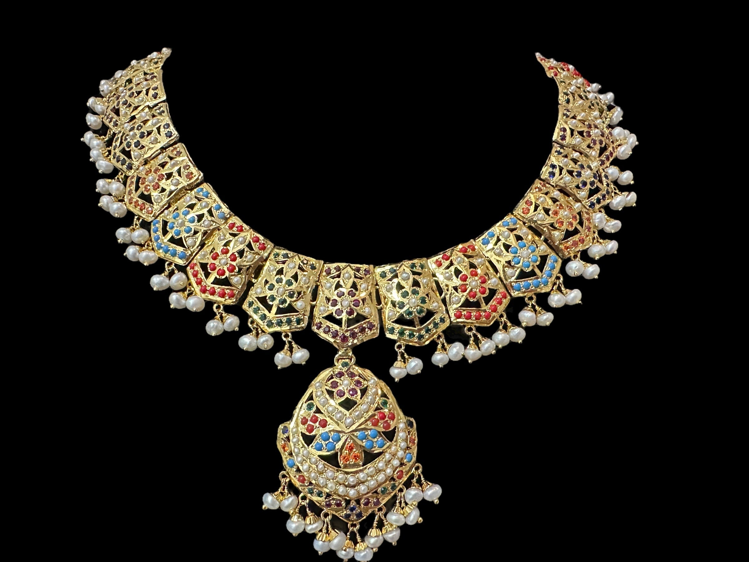 Navratan / Multicolored Jadau Necklace Set in Gold Plated Silver ( SHIPS IN 5 WEEKS  )