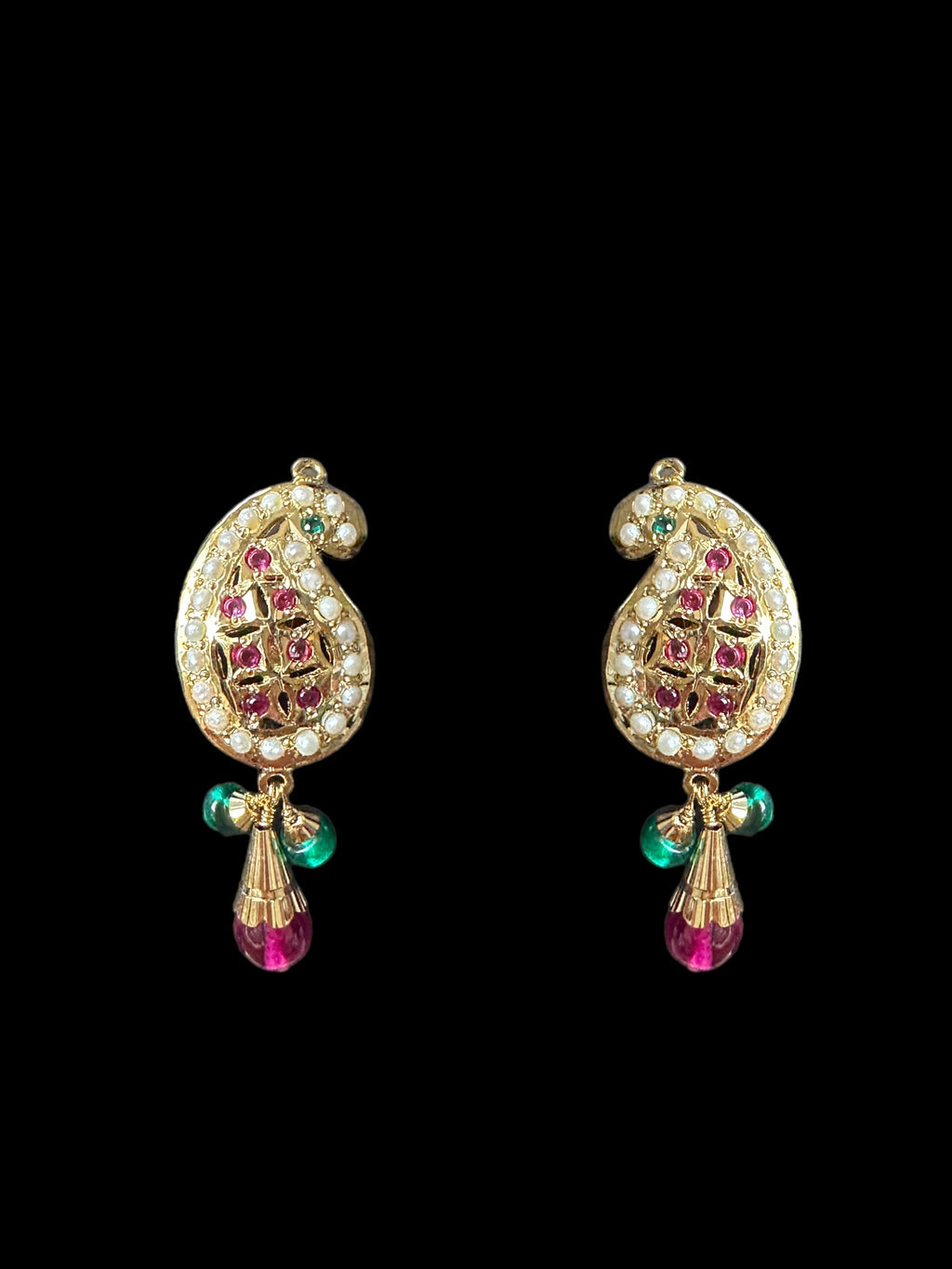 Gold‑Plated Jadau Silver Pendant Set in Ruby & Emeralds 
 ( SHIPS IN 4 WEEKS )