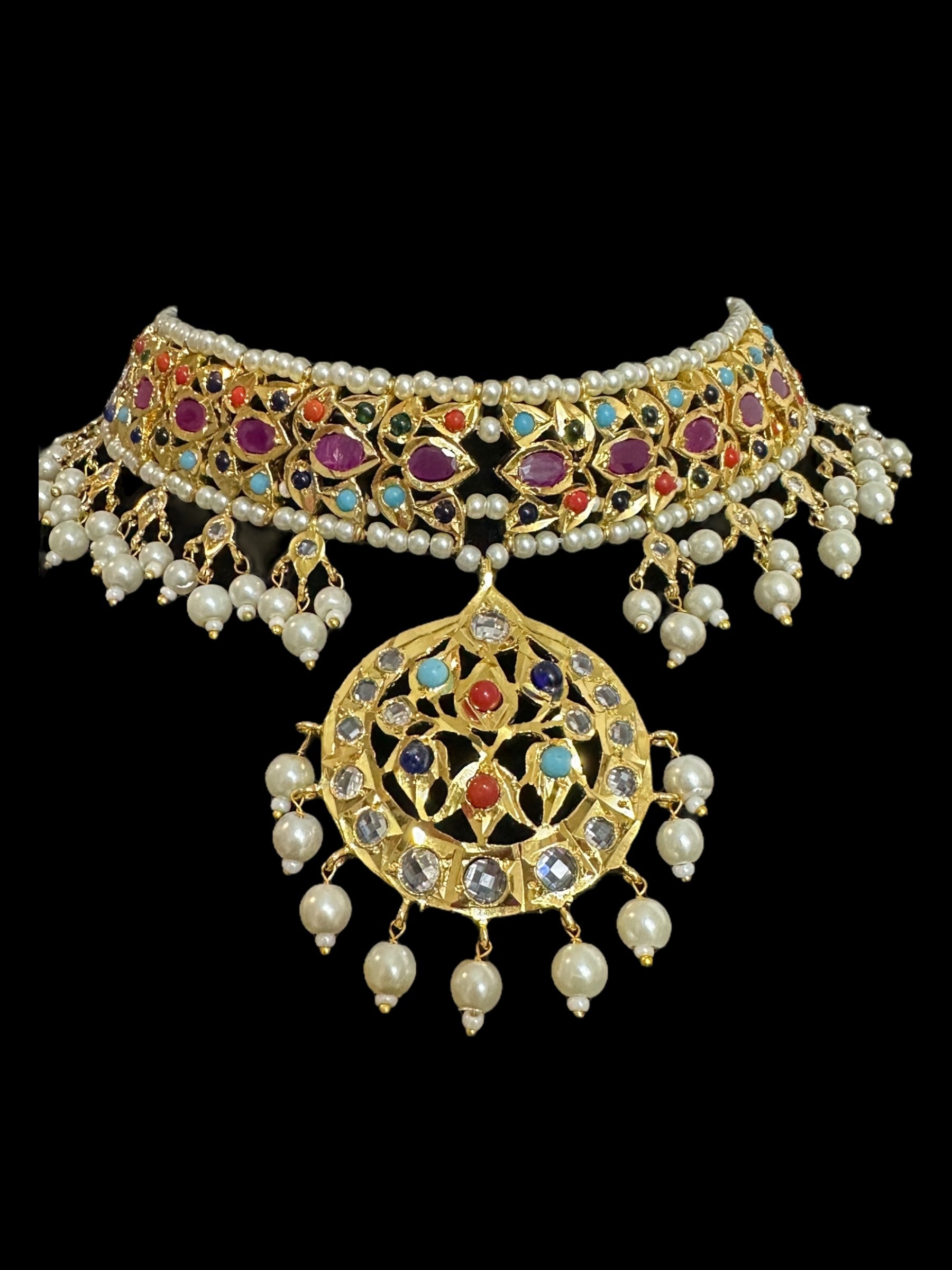 BR488 Meena hyderabadi bridal set in Navratan with pearls ( READY TO SHIP )