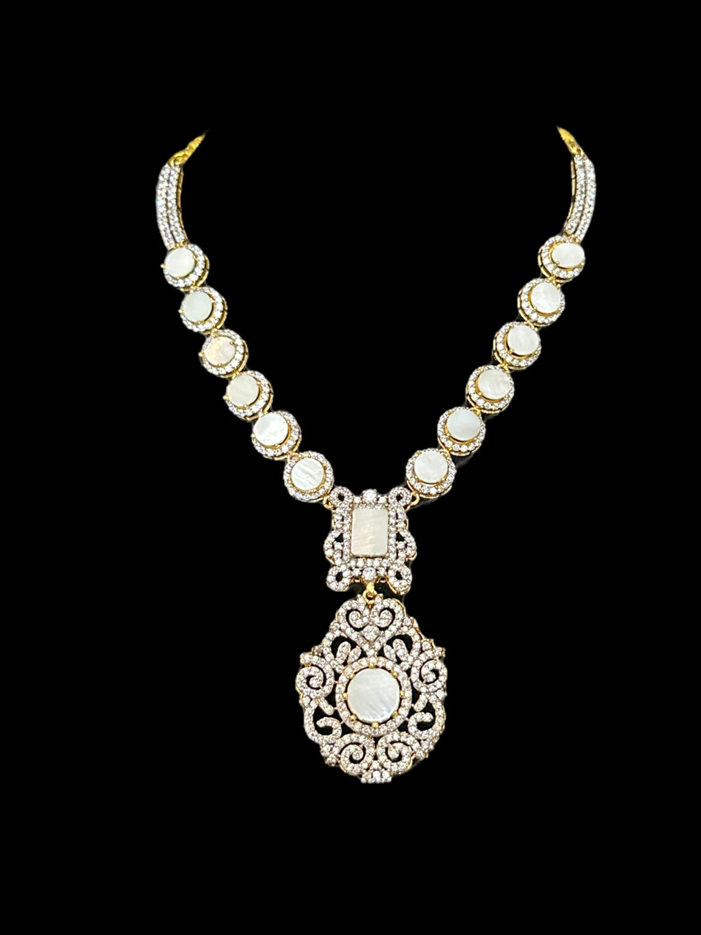 DNS117 zircon with mother of pearl necklace earrings set ( SHIPS IN 4 WEEKS  )