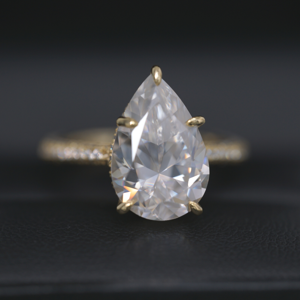 5.0ct Pear Cut Moissanite Three Row Pavè Lab Diamond Engagement Ring