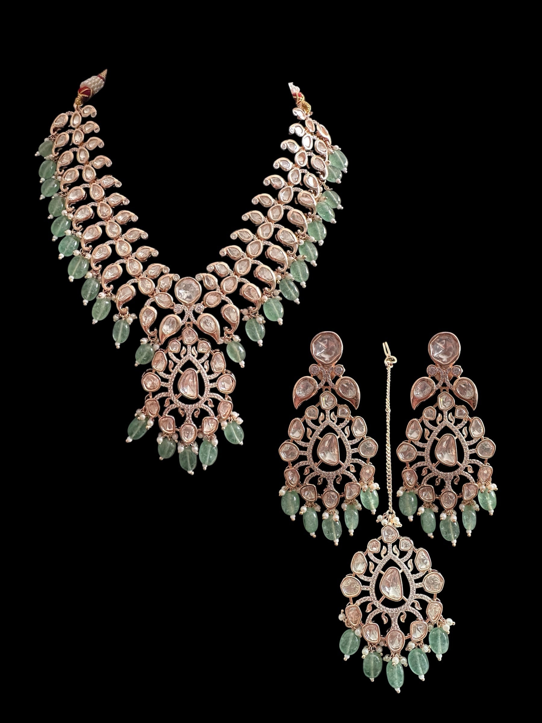DNS206 Alayna Polki Necklace earrings tika set - light green beads with pearls ( READY TO SHIP )