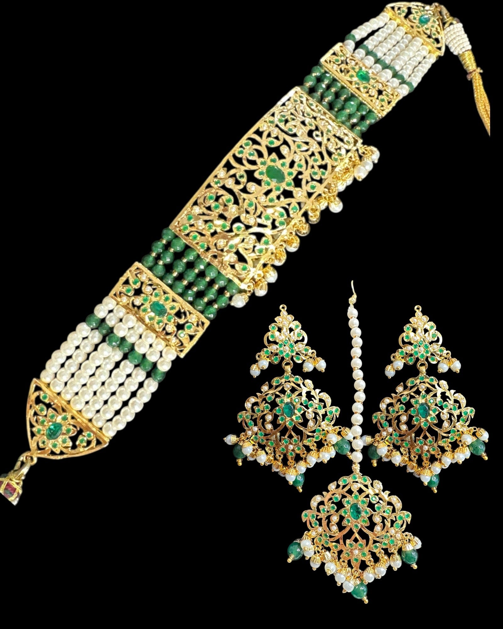 C568 Gold plated jadau choker in emerald pearls ( READY TO SHIP )