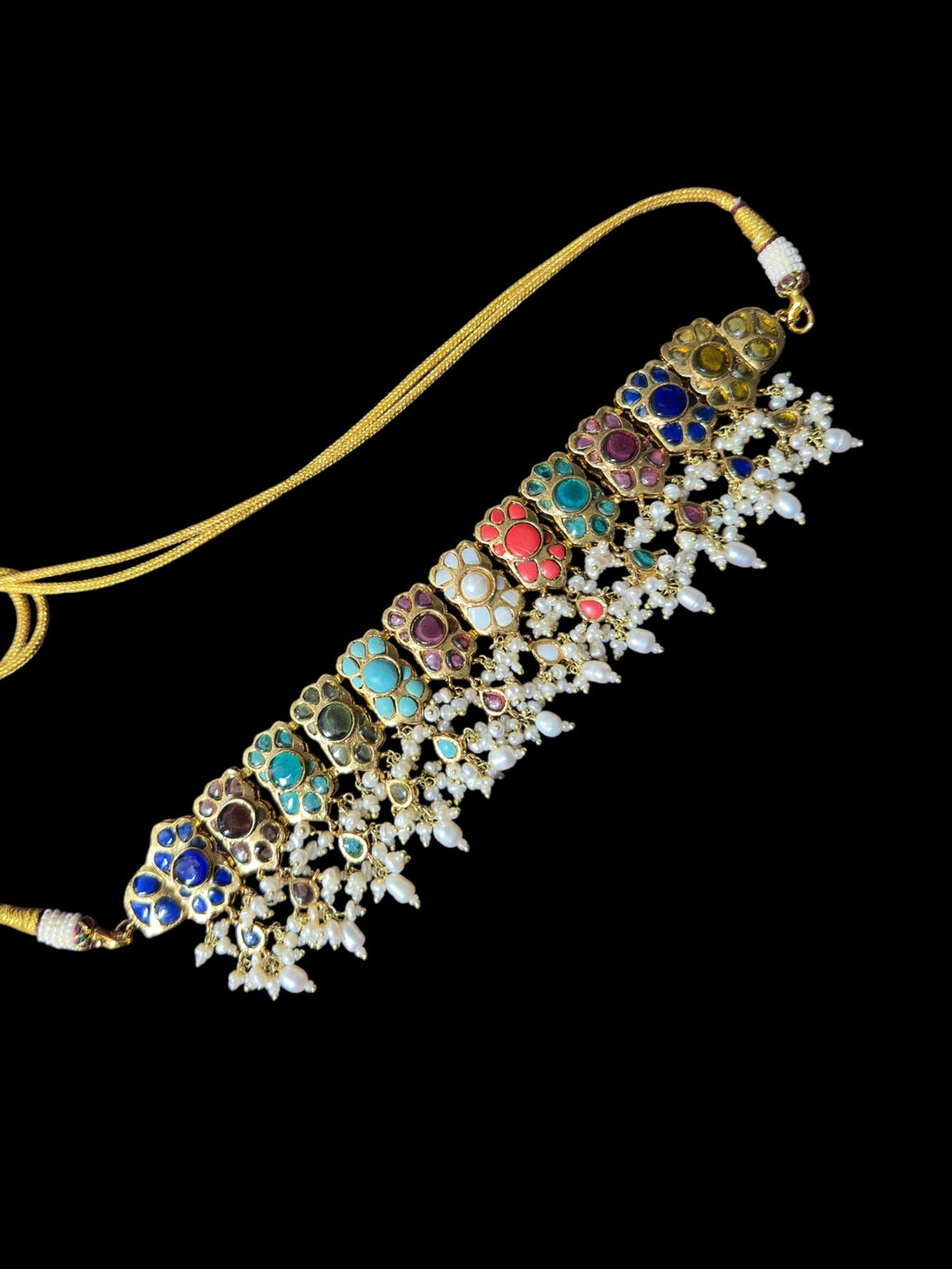 C547 Navratan bridal choker earrings set in fresh water pearls ( READY TO SHIP )