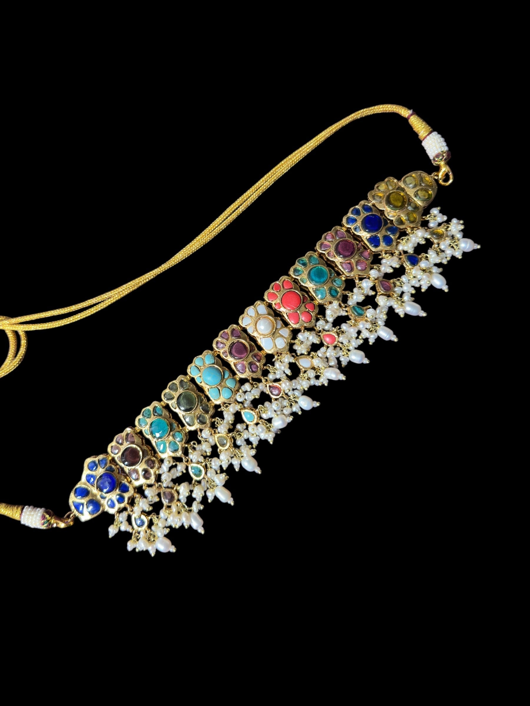 C547 Navratan bridal choker earrings set in fresh water pearls ( READY TO SHIP )