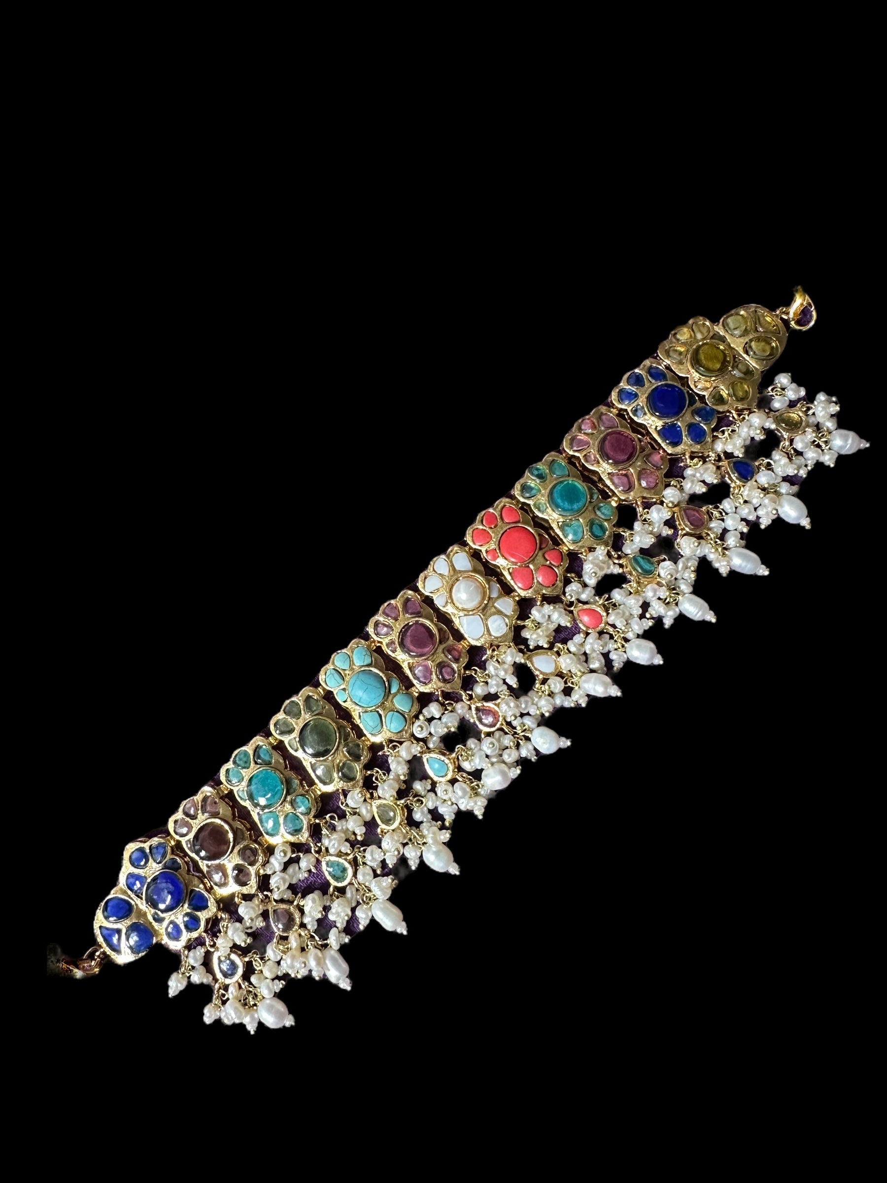 C547 Navratan bridal choker earrings set in fresh water pearls ( READY TO SHIP )