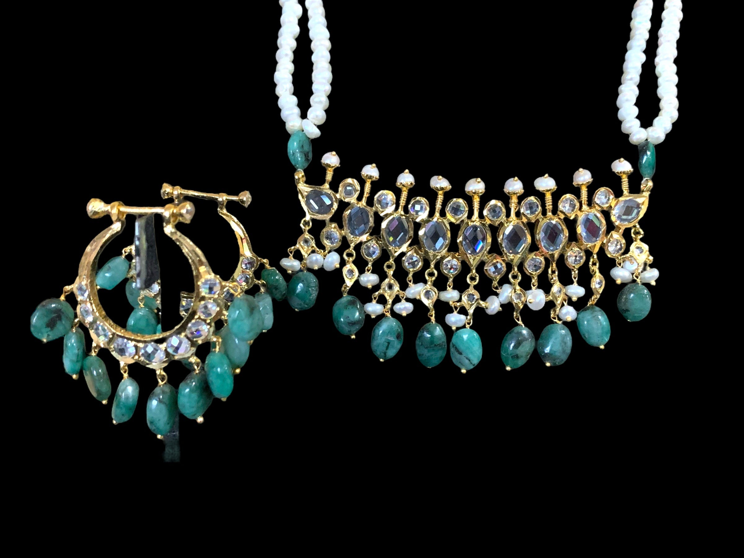 PS301 Tirmani in fresh water pearls and emerald beads ( SHIPS IN 1 WEEK )