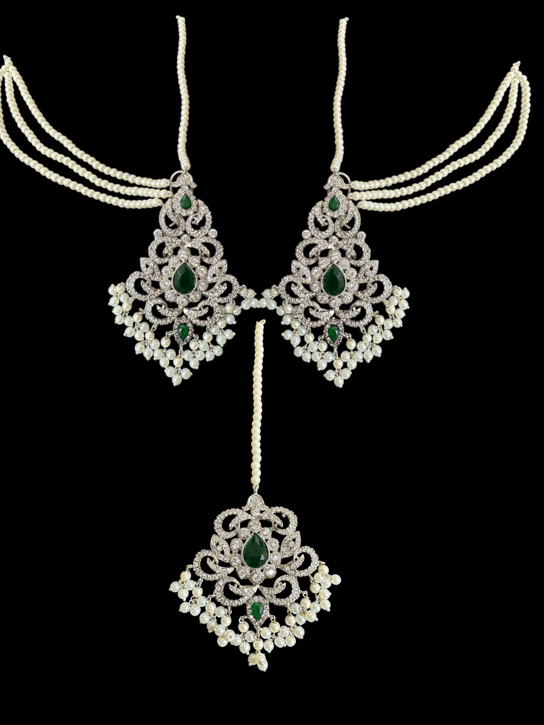 Raaga zircon earring tika set in green with silver plating ( SHIPS IN 4 WEEKS  )