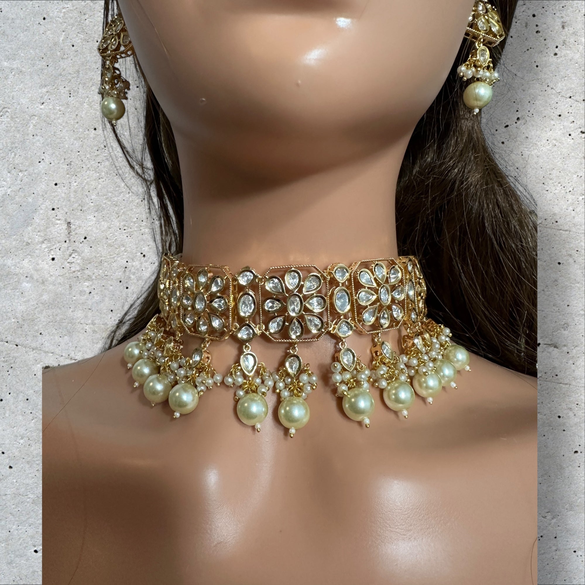 C549 vanya polki choker with earrings in golden pearls ( READY TO SHIP )