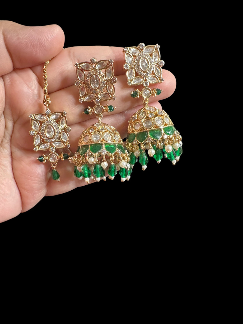 Kaheesha Polki jhumka and tika set in green ( READY TO SHIP )