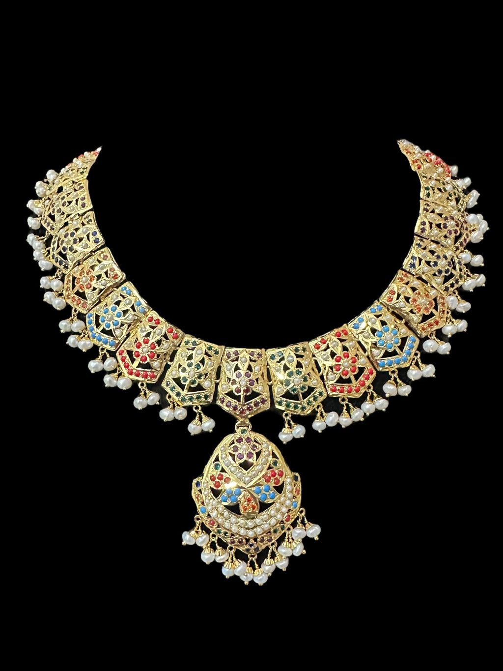 Navratan / Multicolored Jadau Necklace Set in Gold Plated Silver ( SHIPS IN 5 WEEKS  )