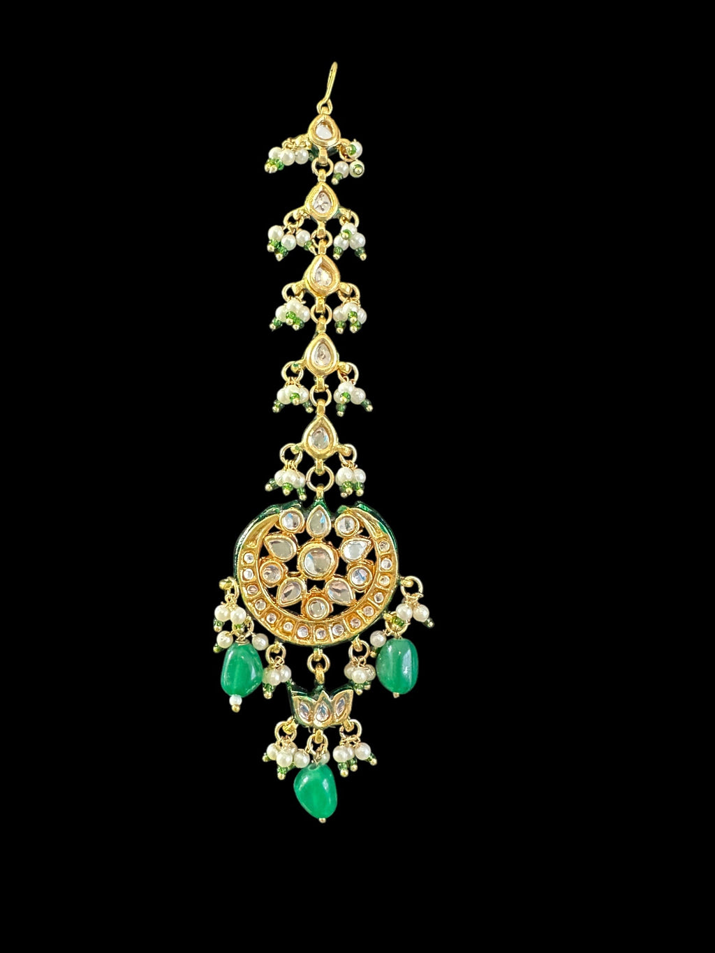 Irina earrings tika set in kundan with green beads ( READY TO SHIP )