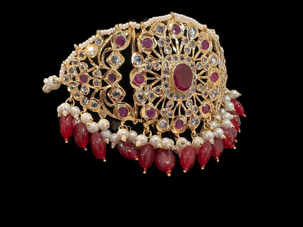 C333 Hyderabadi  choker set in pearls  and ruby with jhumka ( SHIPS IN 4 WEEKS )