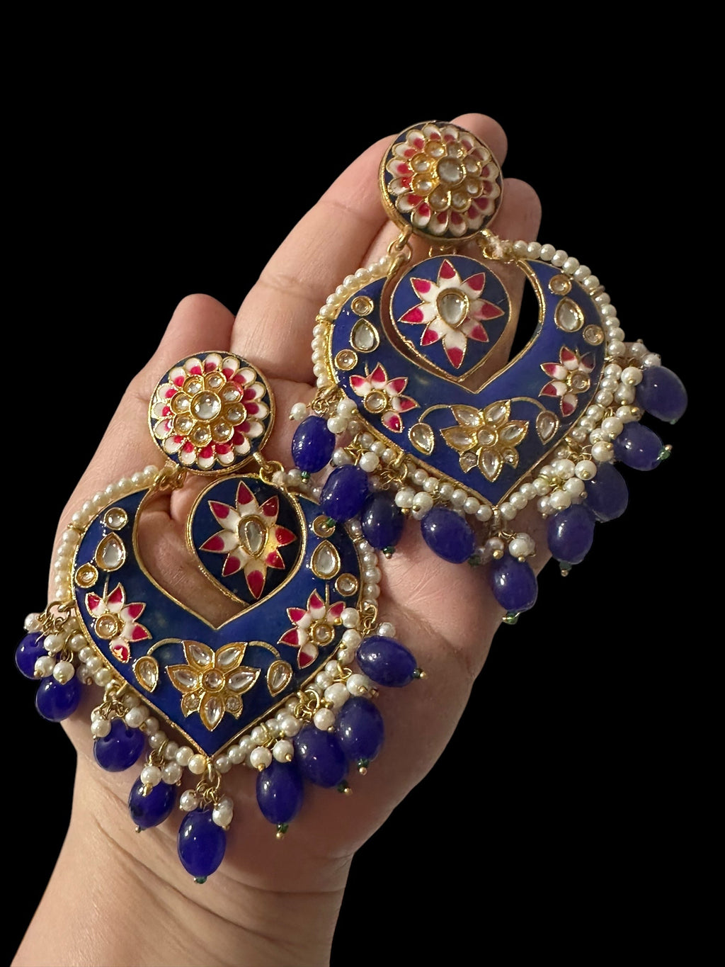 DER797 large sized kundan earrings - royal blue  ( READY TO SHIP )