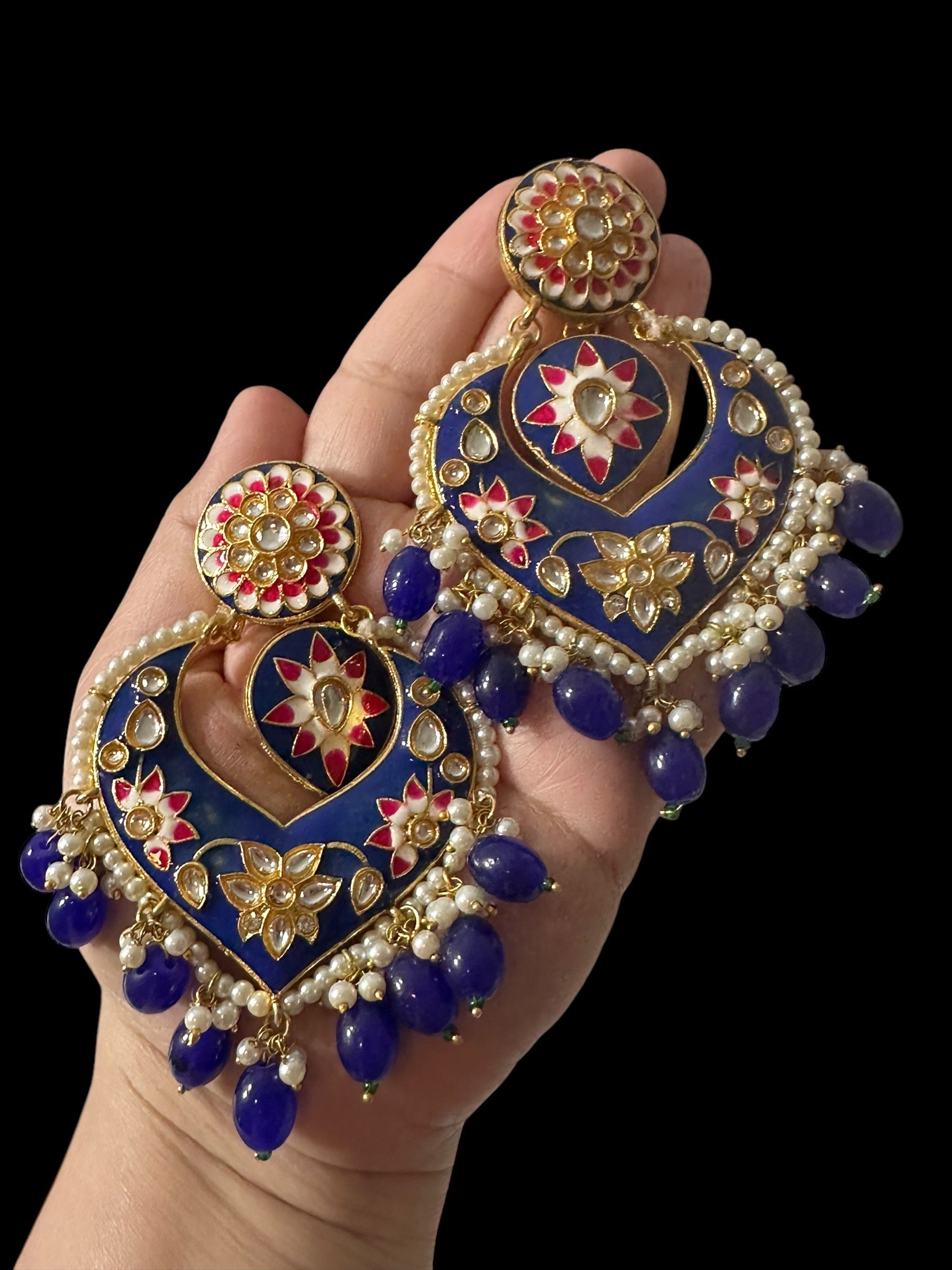 DER797 large sized kundan earrings - royal blue  ( READY TO SHIP )