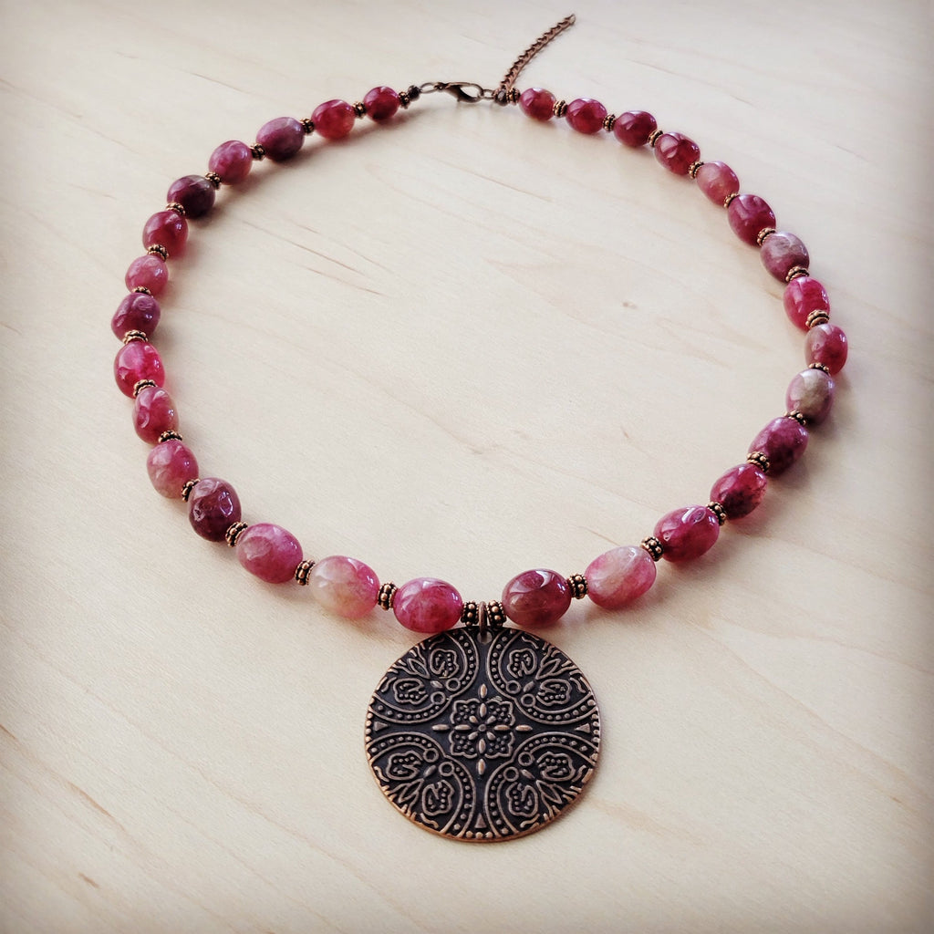 Natural Pink Jade Beaded Collar Necklace w/ Scroll Pendant 261L