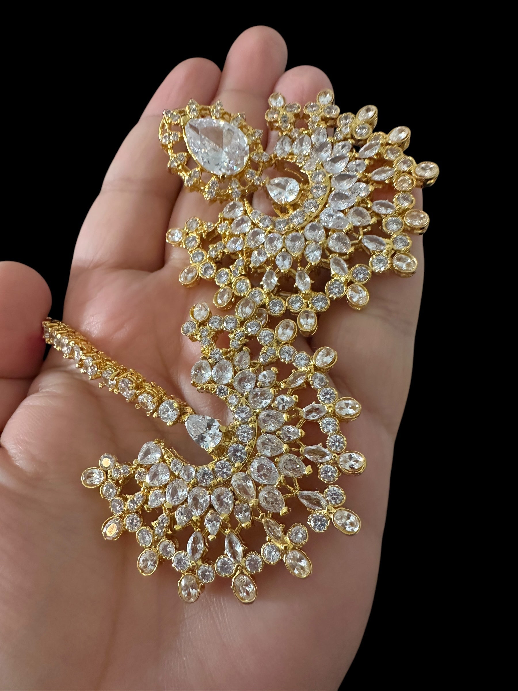 Subhana gold plated chandbali earrings tika set  -clear  ( READY TO SHIP )