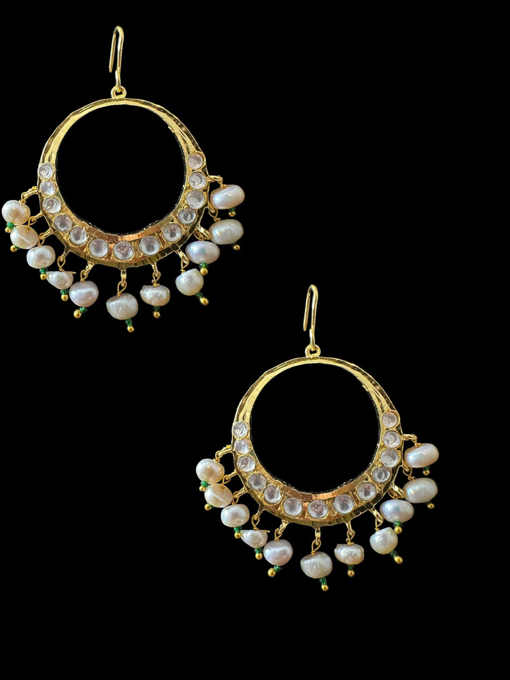 DER720 Afia gold plated moissanite Polki chandbali with fresh water pearls (SHIPS IN 3 WEEKS )