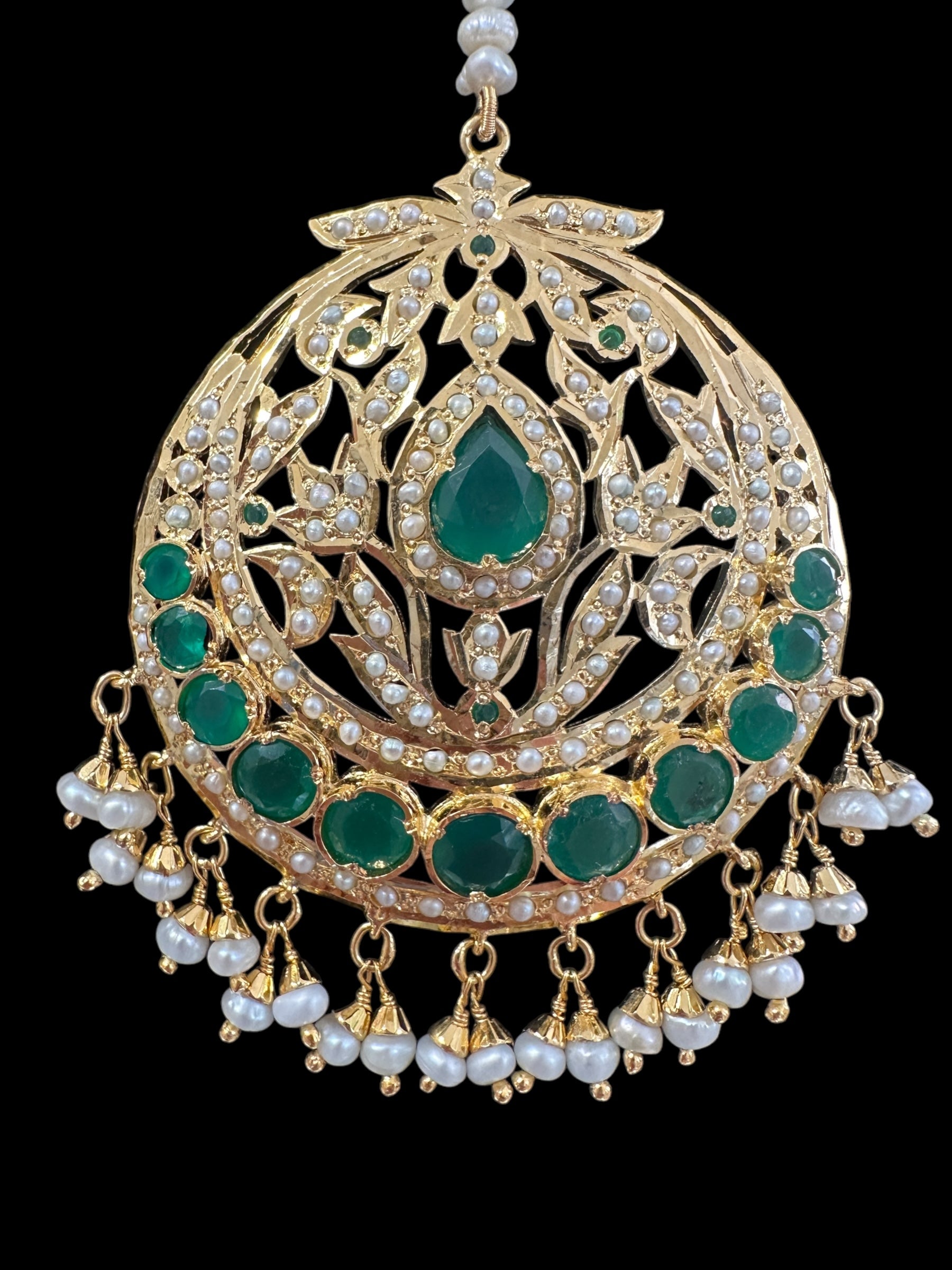 Emerald and pearl tika in silver with fresh water pearls - gold plated , Oversized( SHIPS IN 5 WEEKS )