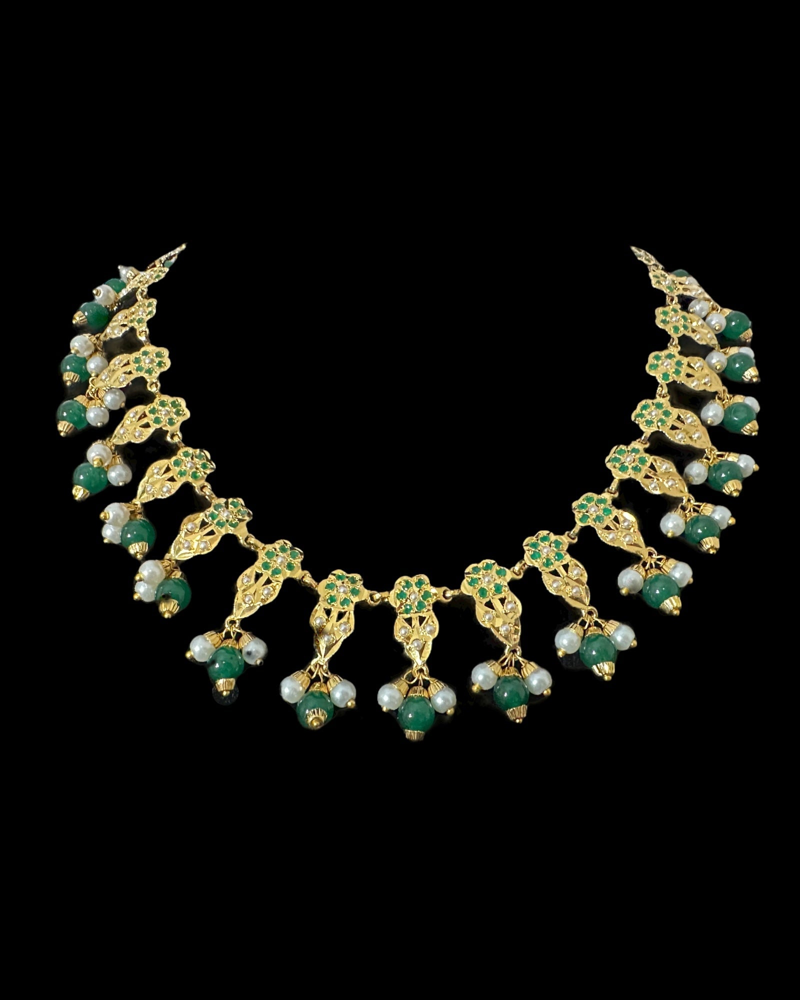 DNS194  Alea punjabi Jadau necklace  set - Emerald / Green   (READY TO SHIP)