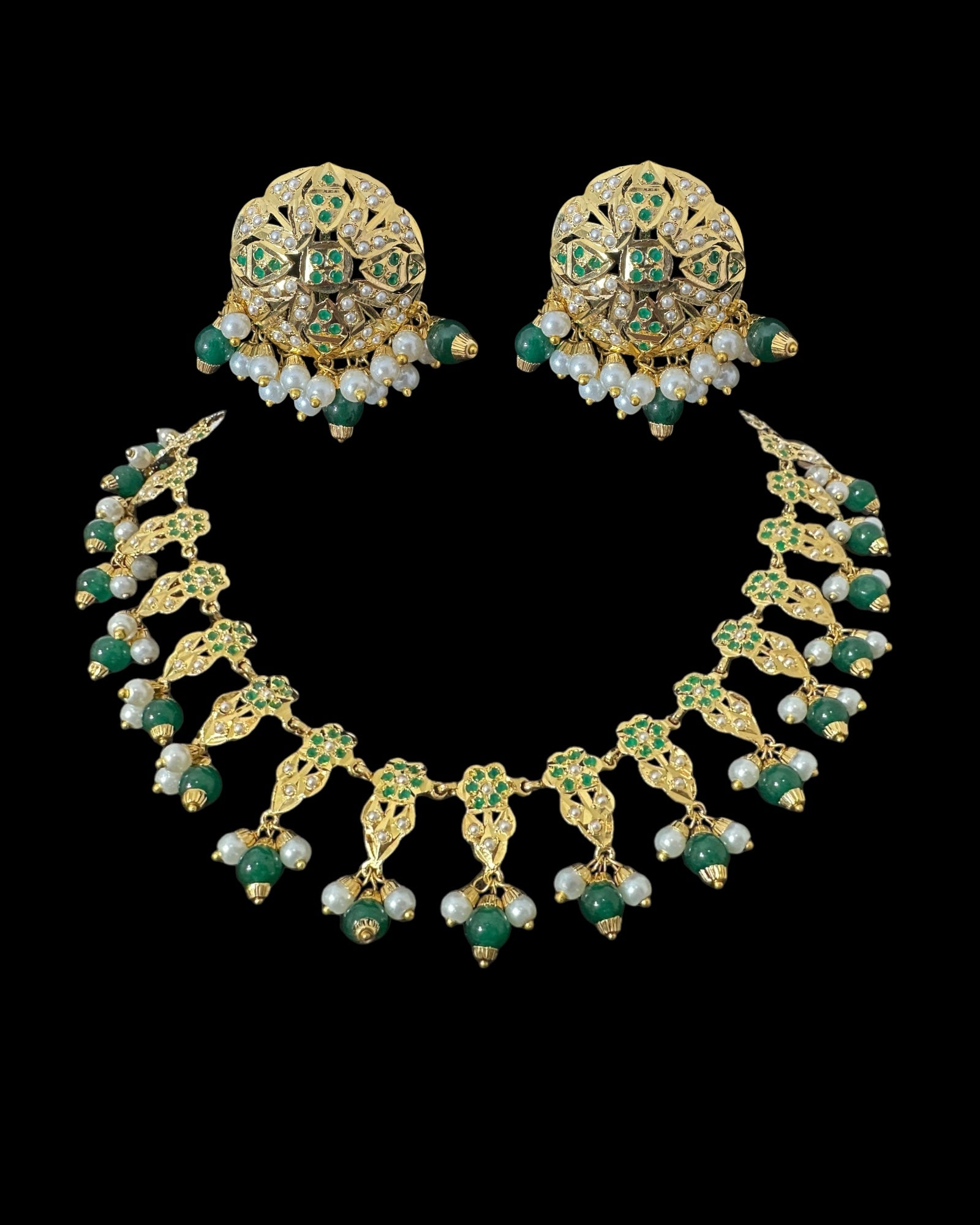 DNS194  Alea punjabi Jadau necklace  set - Emerald / Green   (READY TO SHIP)
