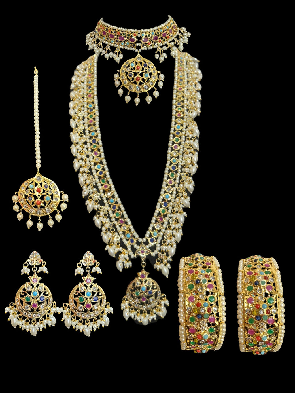 BR488 Meena hyderabadi bridal set in Navratan with pearls ( READY TO SHIP )