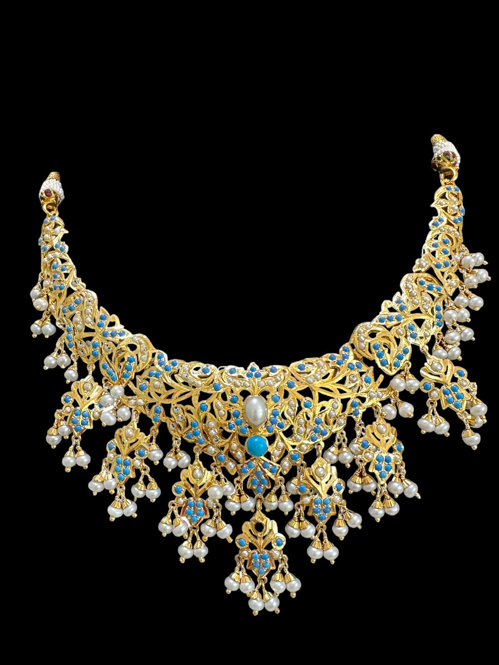 Turquoise pearl/ feroza pearl gold plated silver necklace with earrings ( READY TO SHIP )